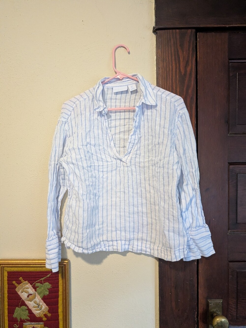 Martha Stewart 100% Linen Striped V Neck Long Sleeve Top Women's Size S Coastal